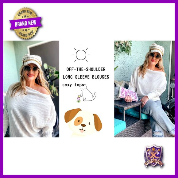 Oversized Off Shoulder Waffle Knit Sweatshirt Tunic Long Sleeve Pullover - Picture 7 of 7